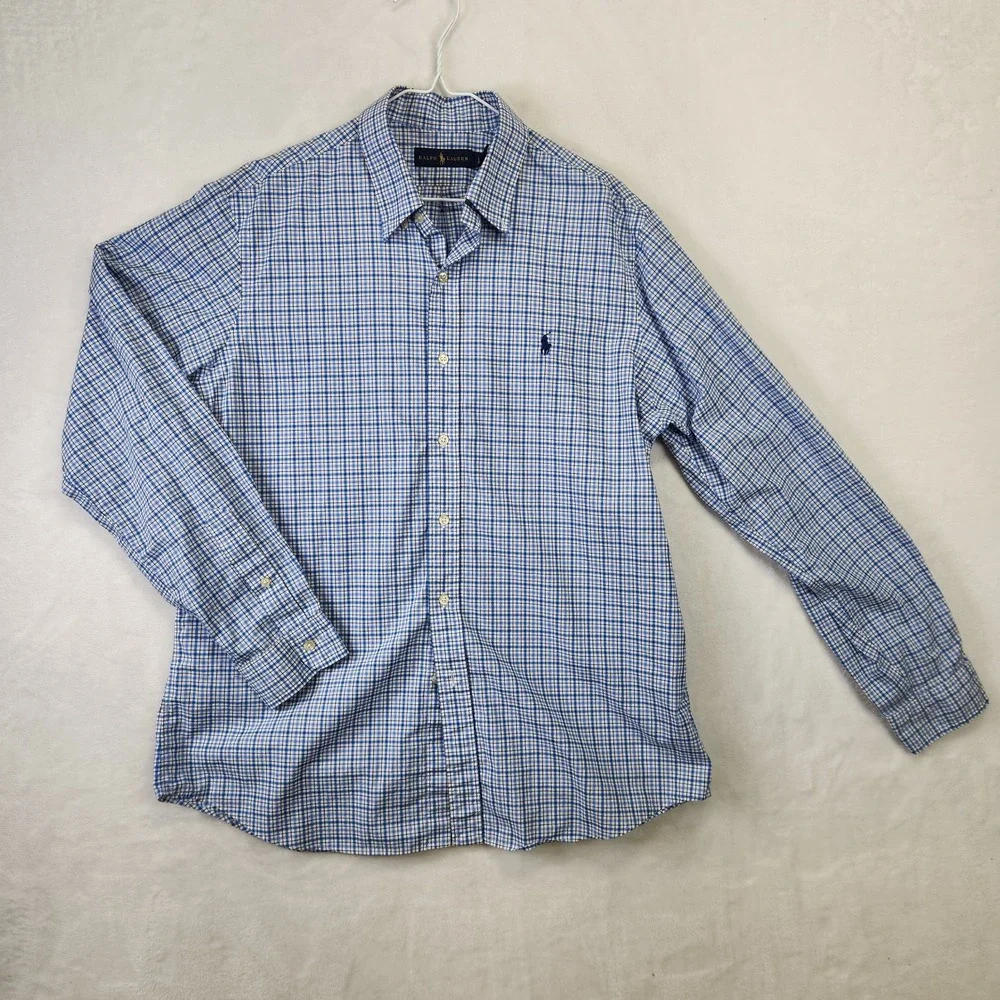 Ralph Lauren Mens L Blue Check Oxford Shirt Classic Fit‎ Long Sleeve Polo Logo